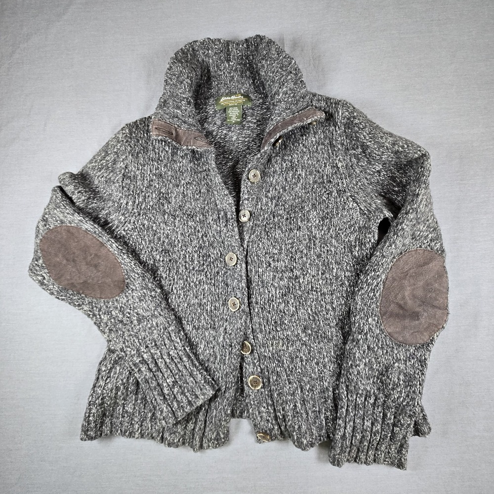 Y2K Eddie Bauer Womens Gray Marled Knit Cardigan Sweater Jacket Cabincore Preppy